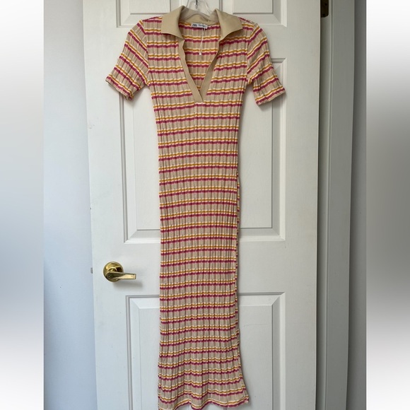 NWOT Zara Striped Ribbed Knit Polo Collar Midi Dress S - Picture 3 of 9